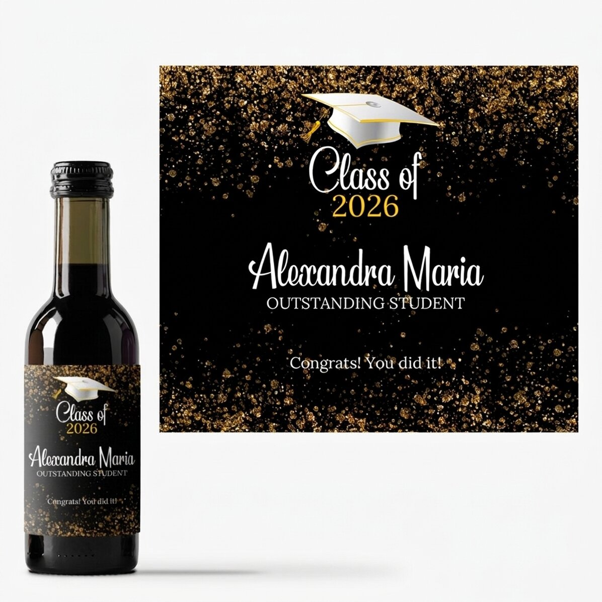 Mini botella de vino para la graduación, personalizada con el texto «Outstanding student»