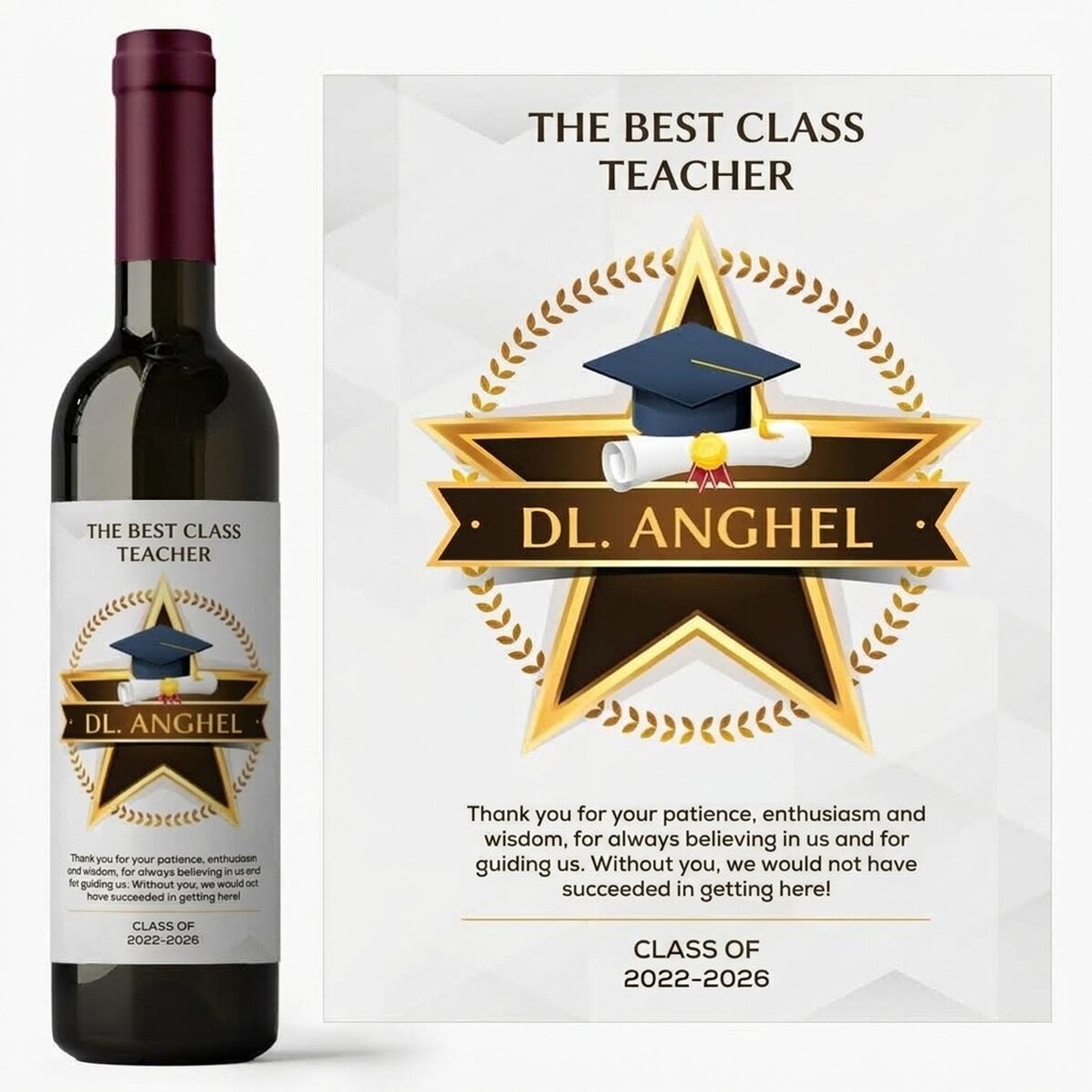 Vino personalizado con un mensaje de agradecimiento para los profesores