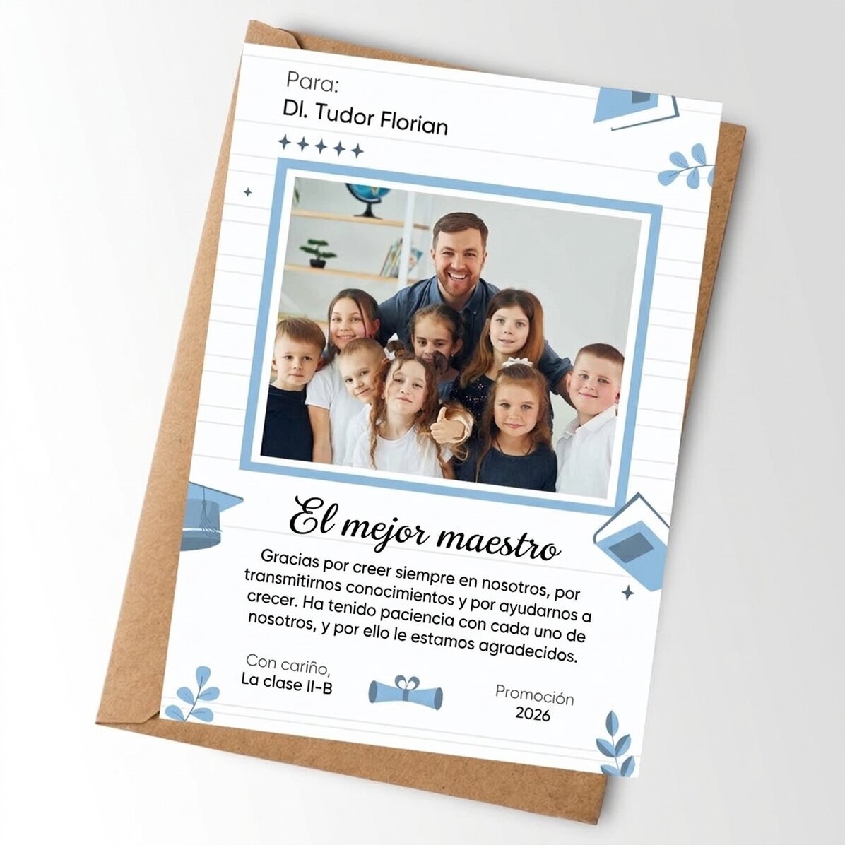 Tarjeta personalizada con mensaje: fin de curso escolar