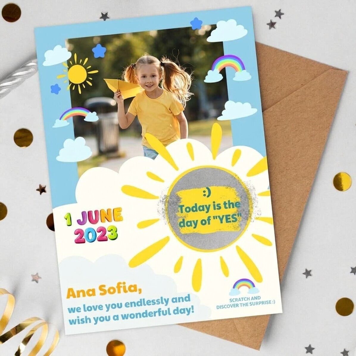Tarjeta rasca y gana personalizada con foto y mensaje para los niños, para el 1 de junio