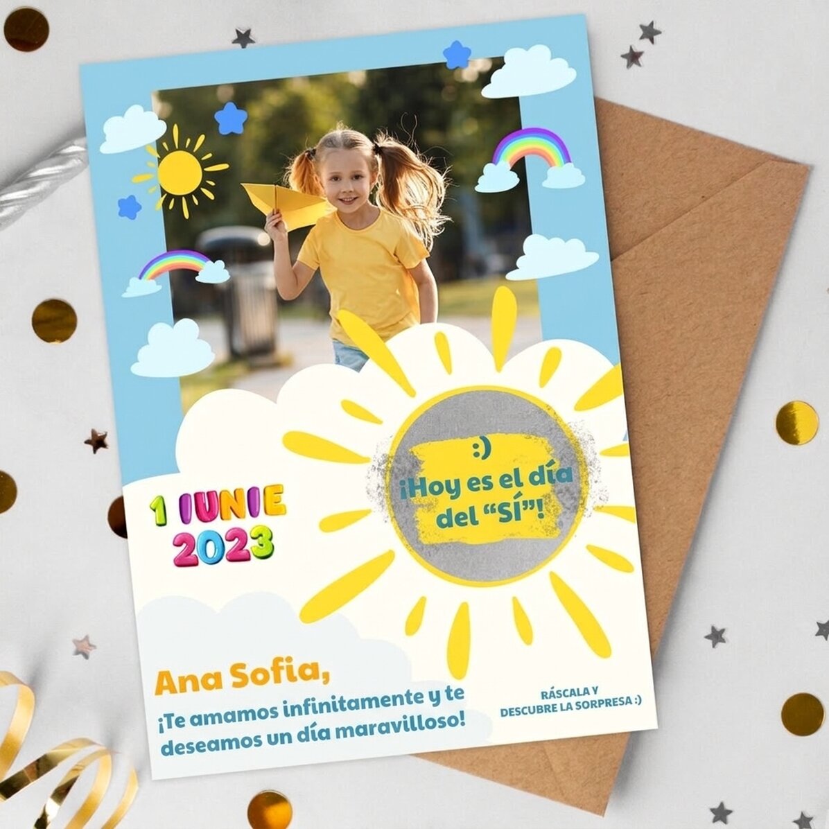 Tarjeta rasca y gana personalizada con foto y mensaje para los niños, para el 1 de junio