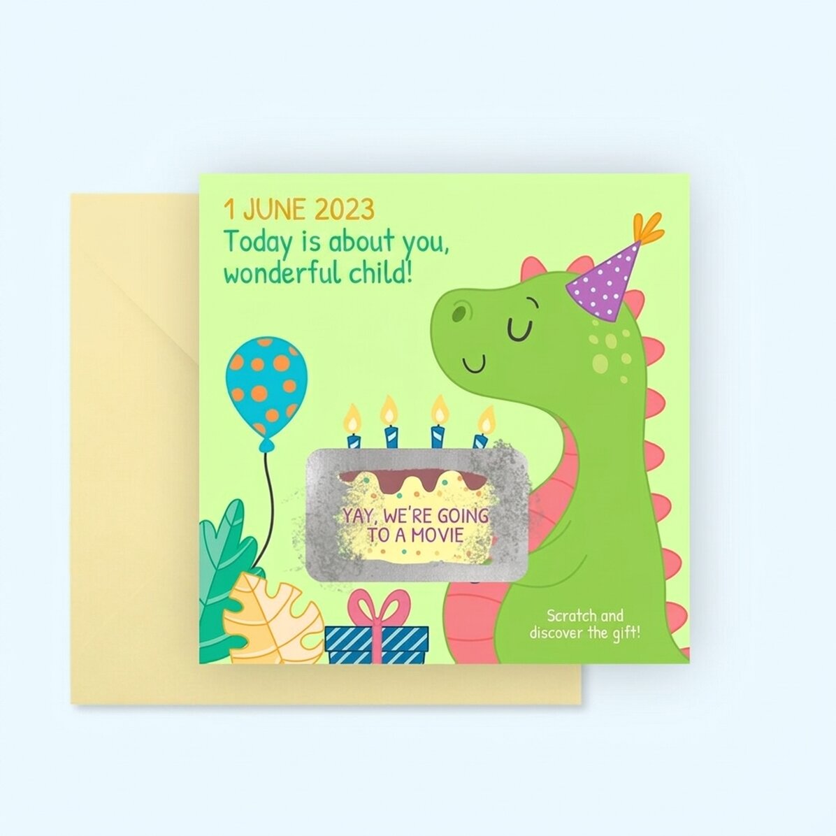 Tarjeta rasca y gana personalizada con mensaje para niños - Dino