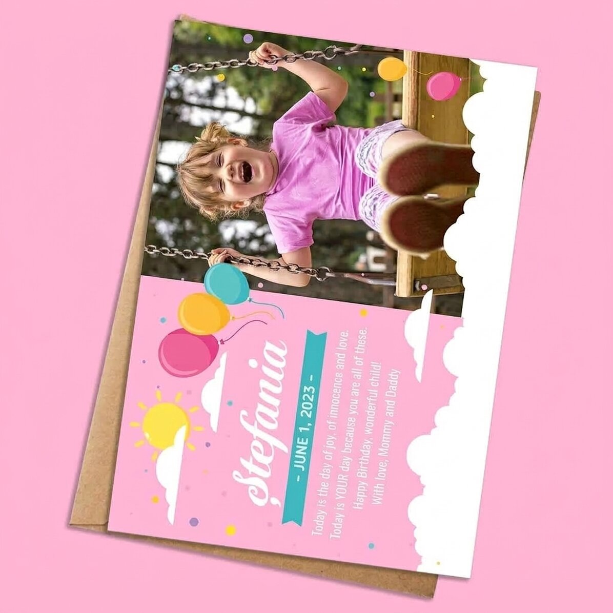 Tarjeta personalizada con mensaje y foto para el Día del Niño