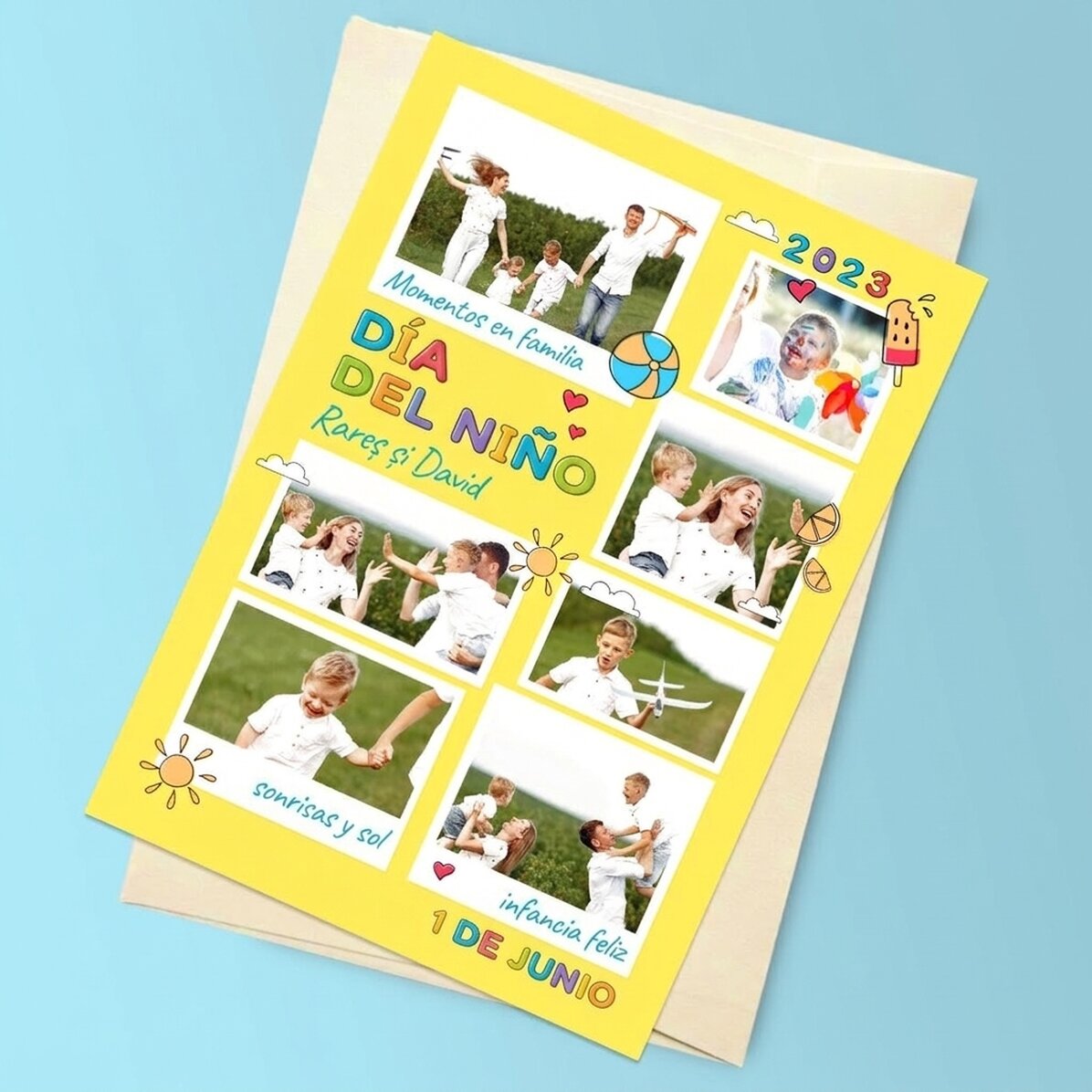 Tarjeta magnética personalizada con 7 fotos y un mensaje - Día del Niño