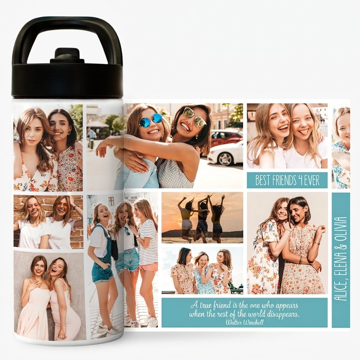 Térmico con asa y pajita personalizado con un collage de fotos y texto