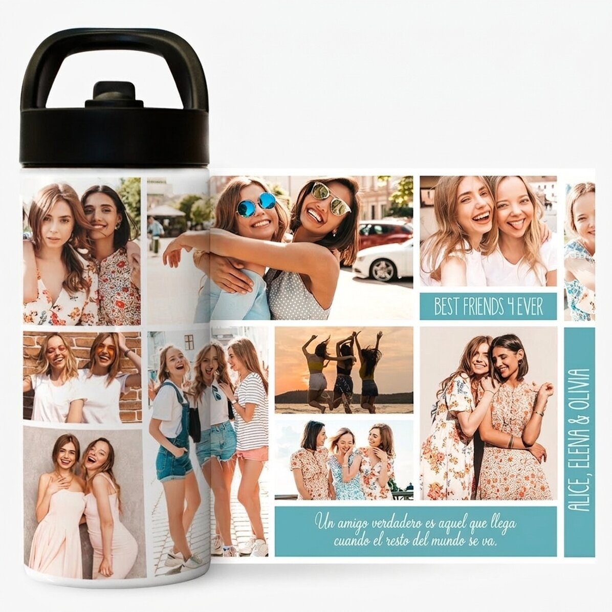 Termo con asa y pajita personalizado con un collage de fotos y texto