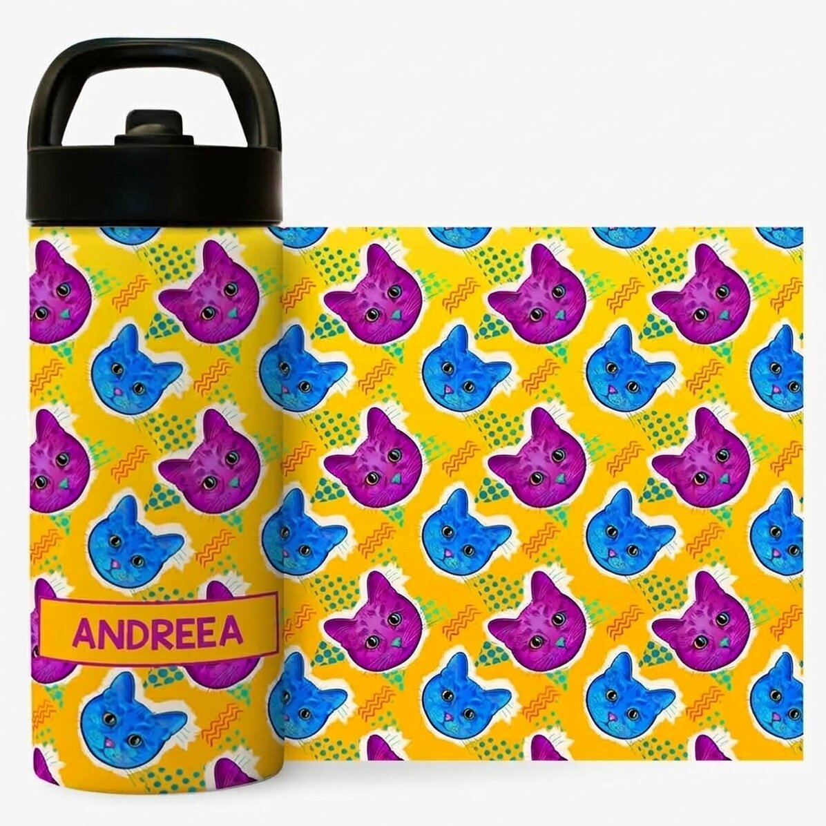 Término con asa y pajita personalizado con nombre - Gatitos de colores
