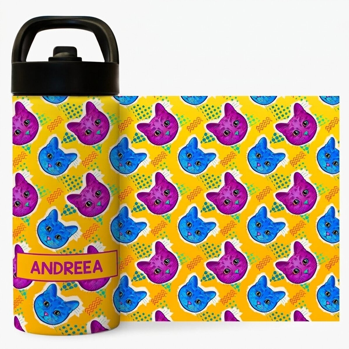 Término con asa y pajita personalizado con nombre - Gatitos de colores