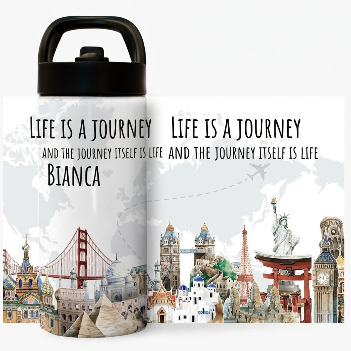 Término con asa y pajita personalizado con nombre - Viajar es la vida