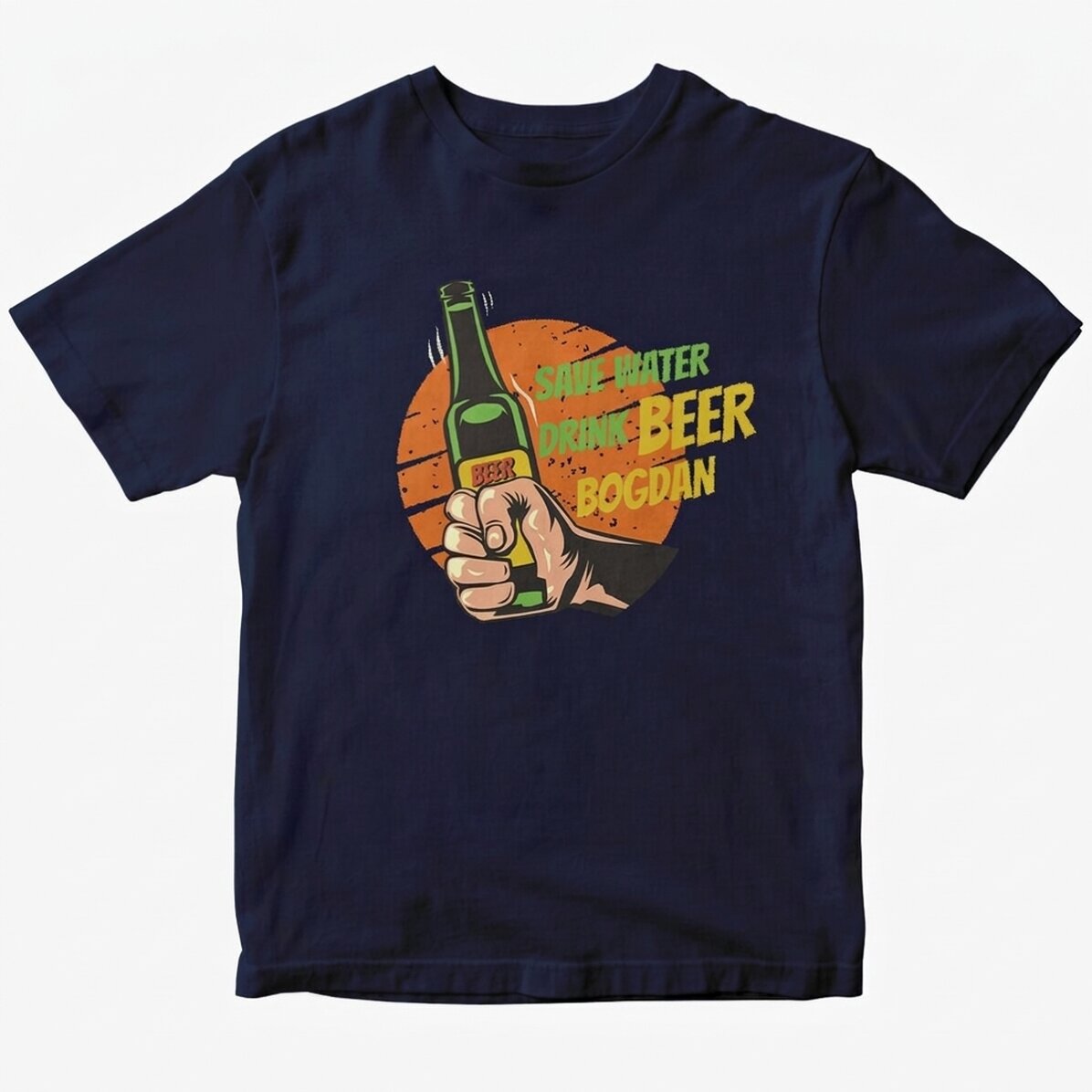 Camiseta de algodón personalizada con el texto: «Save water, drink beer»
