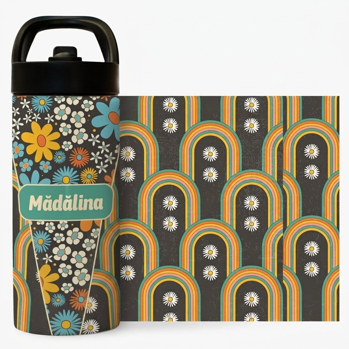 Término con asa y pajita personalizado con nombre - Flores y arcoíris