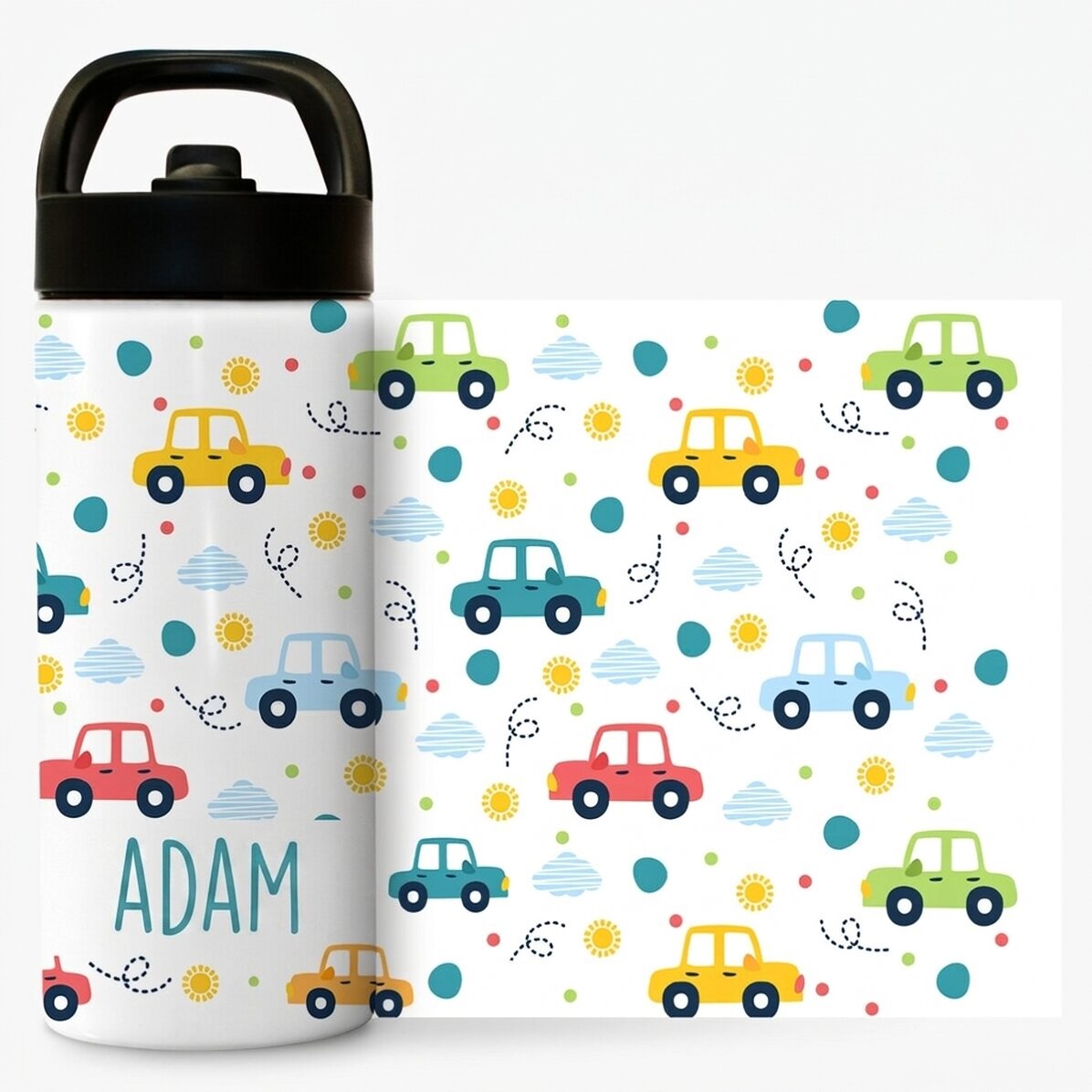 Término con asa y pajita personalizado con nombre - Coches de juguete