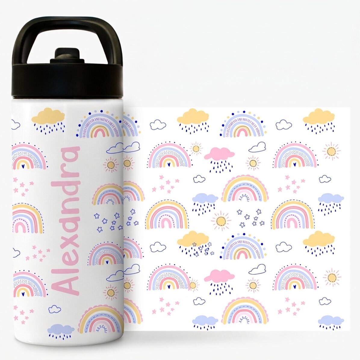 Término con asa y pajita personalizado con nombre - Arcoíris