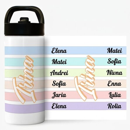 Término con asa y pajita personalizado con nombre - Rayas de colores