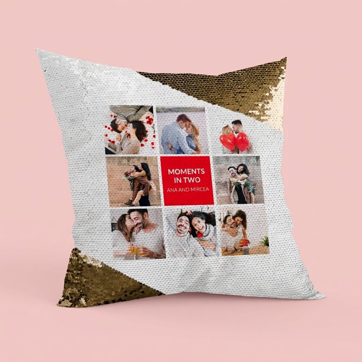 Cojín personalizado con 8 fotos y texto - Lentejuelas doradas