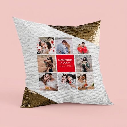 Cojín personalizado con 8 fotos y texto - Lentejuelas doradas
