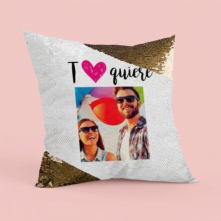 Cojín personalizado con una foto - «I love you» - Lentejuelas doradas