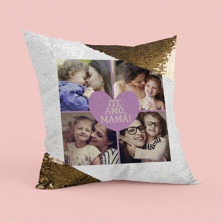 Cojín personalizado con 4 fotos y texto - Lentejuelas doradas