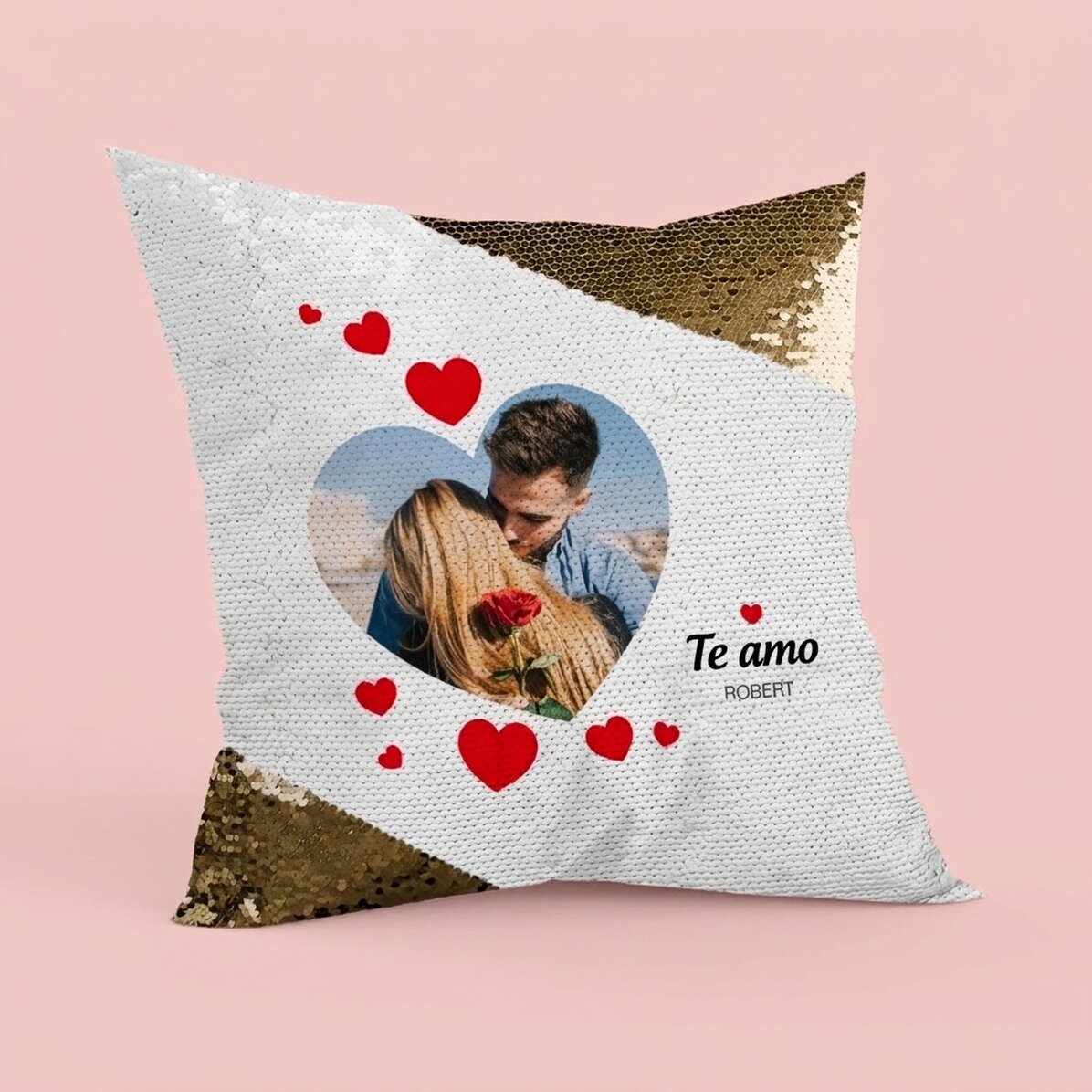 Cojín personalizado con una foto - P.S. I love you - Lentejuelas doradas