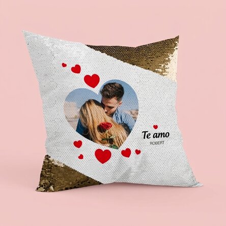 Cojín personalizado con una foto - P.S. I love you - Lentejuelas doradas