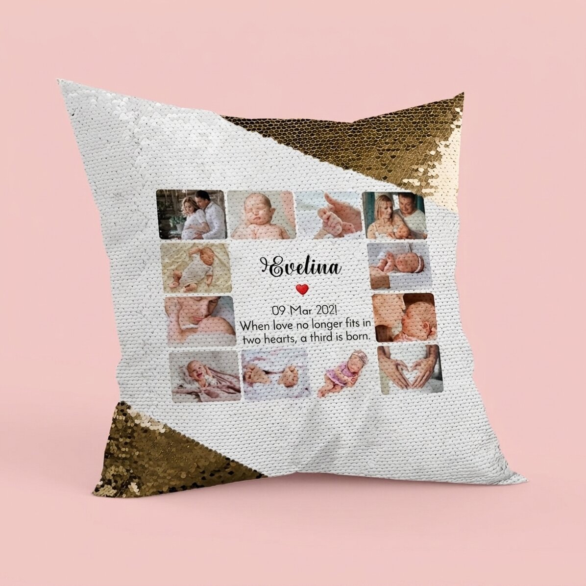 Cojín personalizado con 12 fotos y texto - Baby Lentejuelas doradas