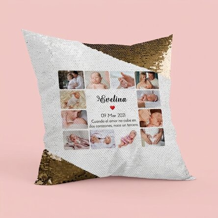 Cojín personalizado con 12 fotos y texto - Baby Lentejuelas doradas