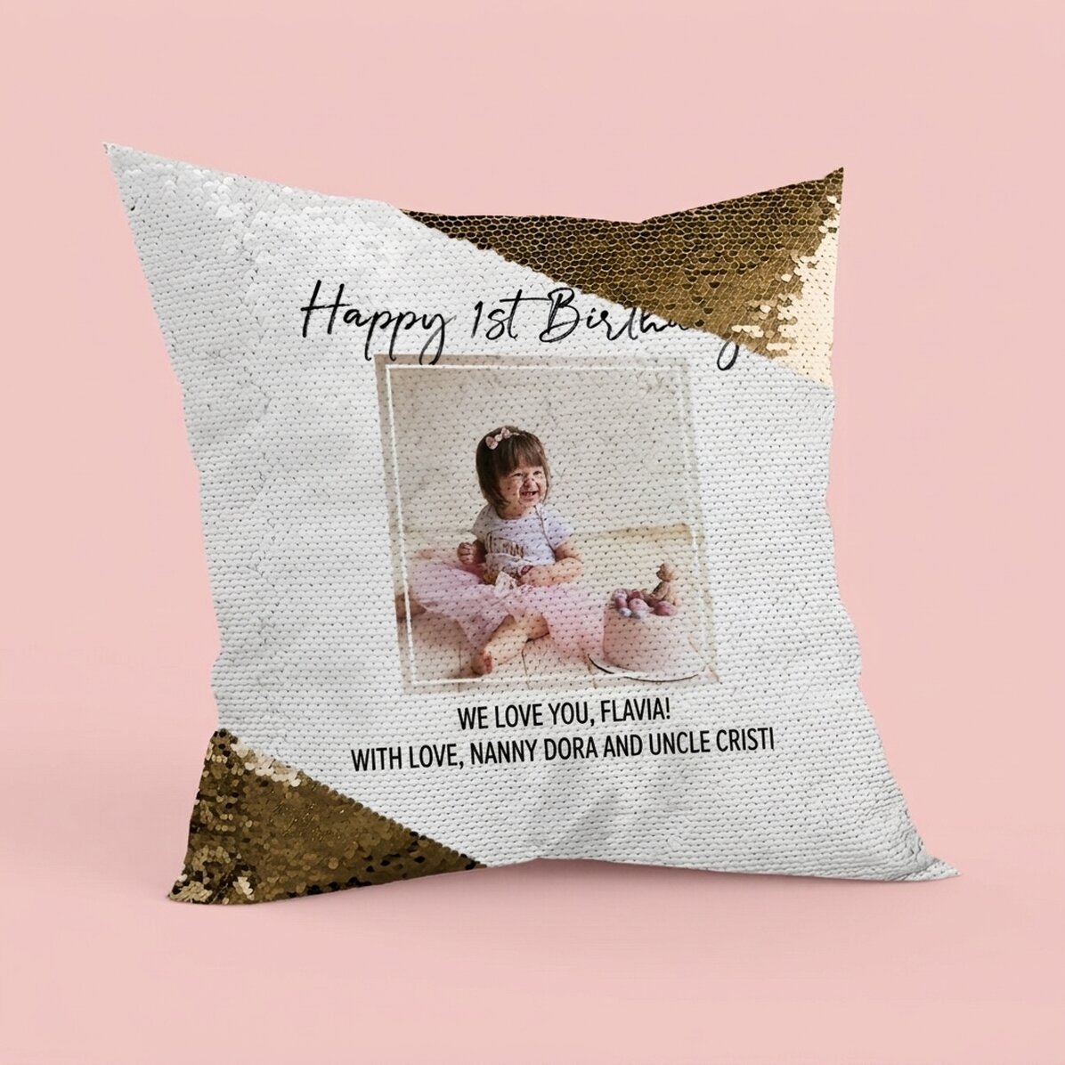 Cojín personalizado con una foto y un texto - «Happy Birthday» - Lentejuelas doradas