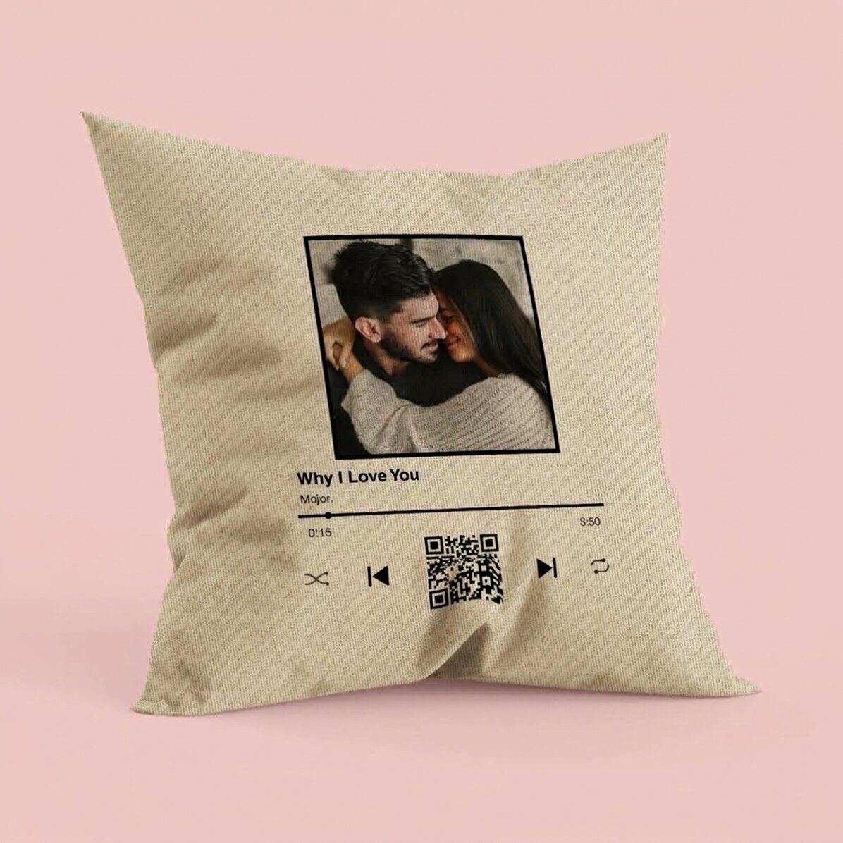 Cojín personalizado con una foto, un texto y un código QR - Nuestra canción - En