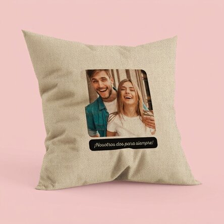 Cojín personalizado con una foto cuadrada y un texto: «Para siempre» - En