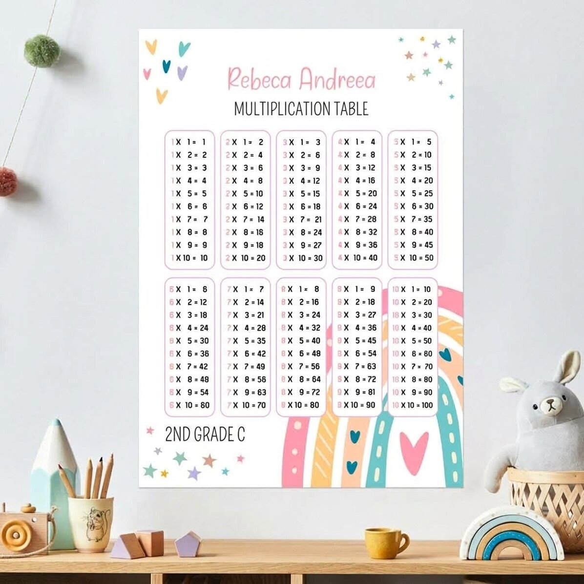 Póster personalizado con nombre y tabla de multiplicar - Arcoíris