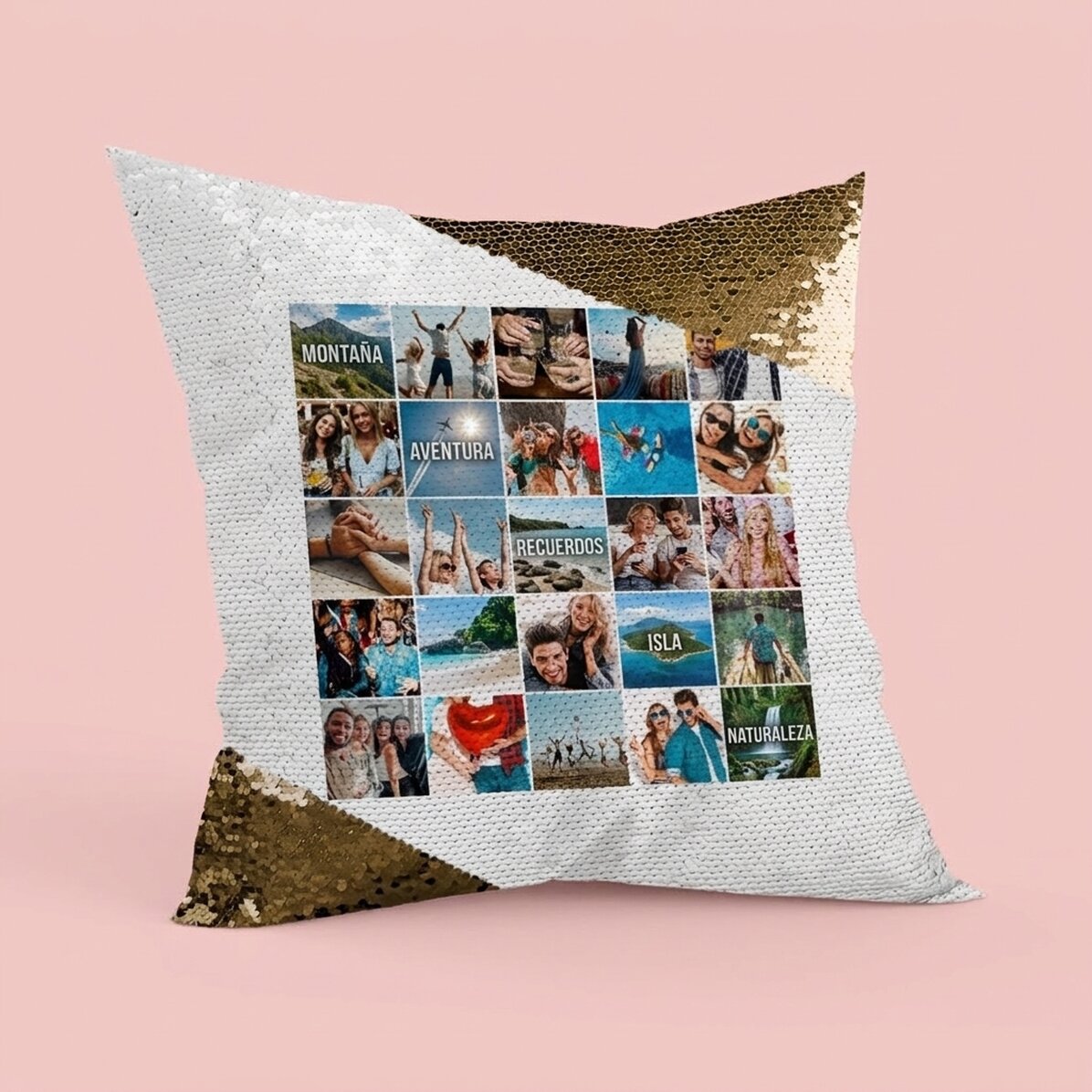 Cojín personalizado con 20 fotos y un nombre de 5 letras - Lentejuelas doradas