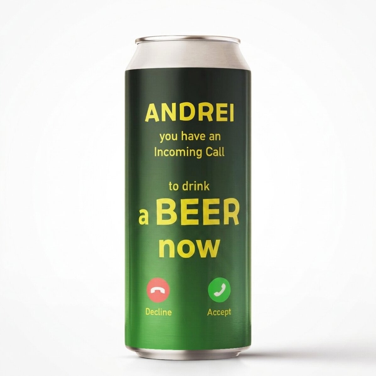 Cerveza en lata personalizada con texto: «Llamada entrante»