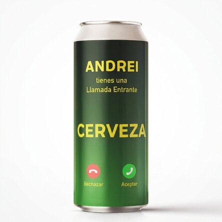 Cerveza en lata personalizada con texto: «Llamada entrante»