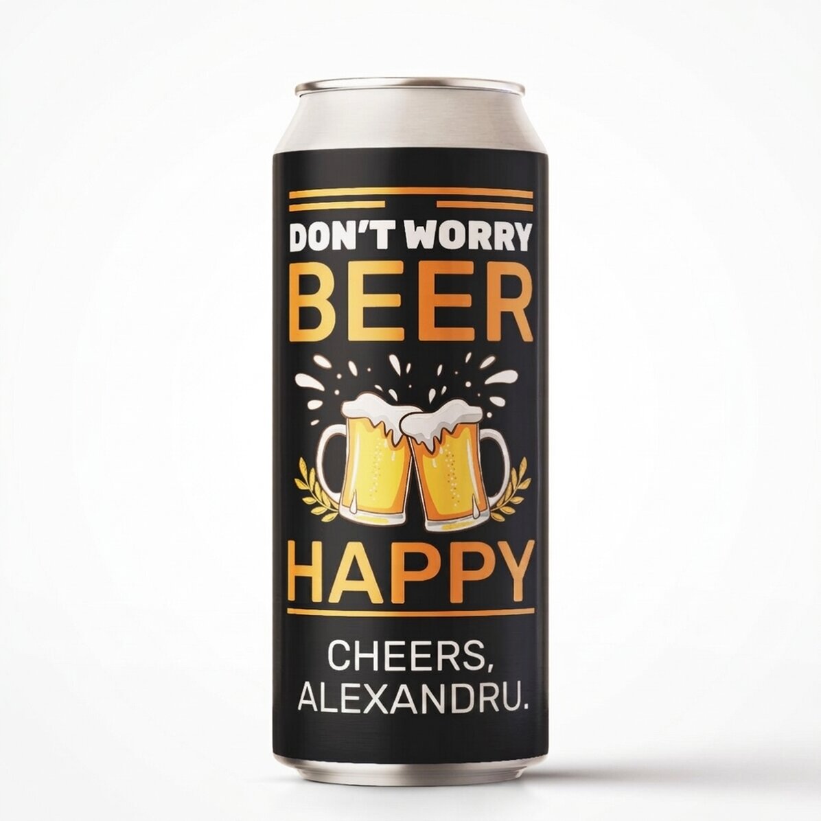 Cerveza en lata personalizada con texto: «Cheers to you»