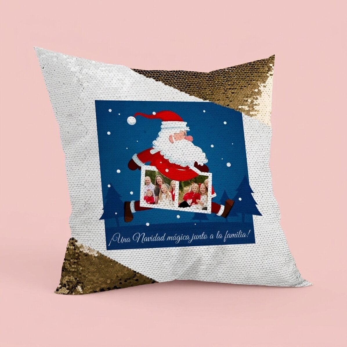 Cojín personalizado con dos fotos y texto: Papá Noel - Lentejuelas doradas