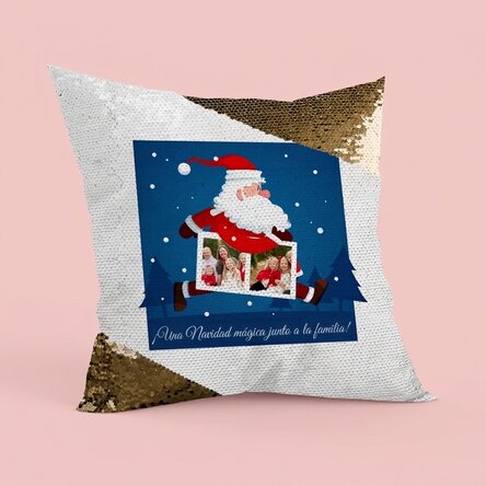Cojín personalizado con dos fotos y texto: Papá Noel - Lentejuelas doradas