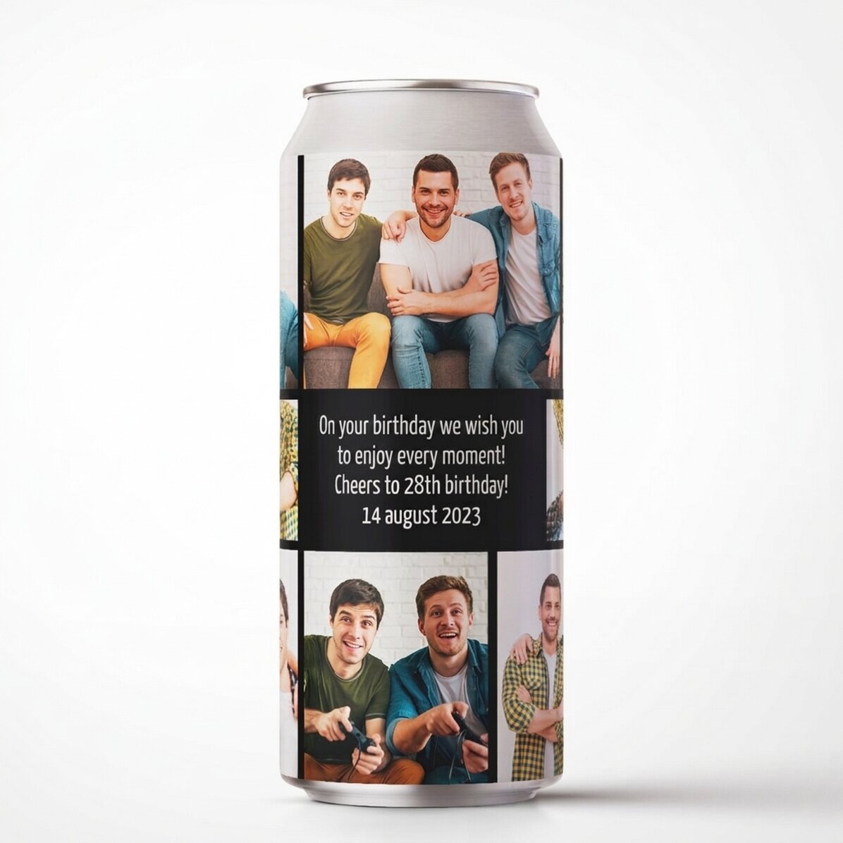 Cerveza en lata personalizada con un mensaje y un collage de fotos