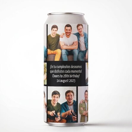 Cerveza en lata personalizada con un mensaje y un collage de fotos