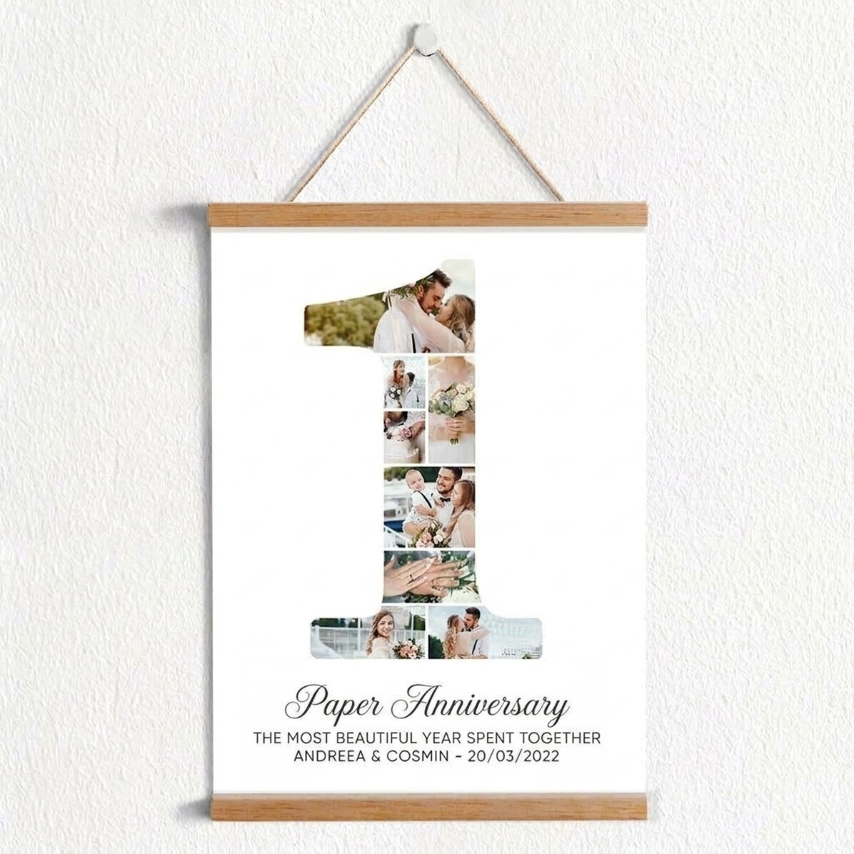 Póster personalizado con un colgante con el número 1, fotos y un mensaje - Aniversario de pareja