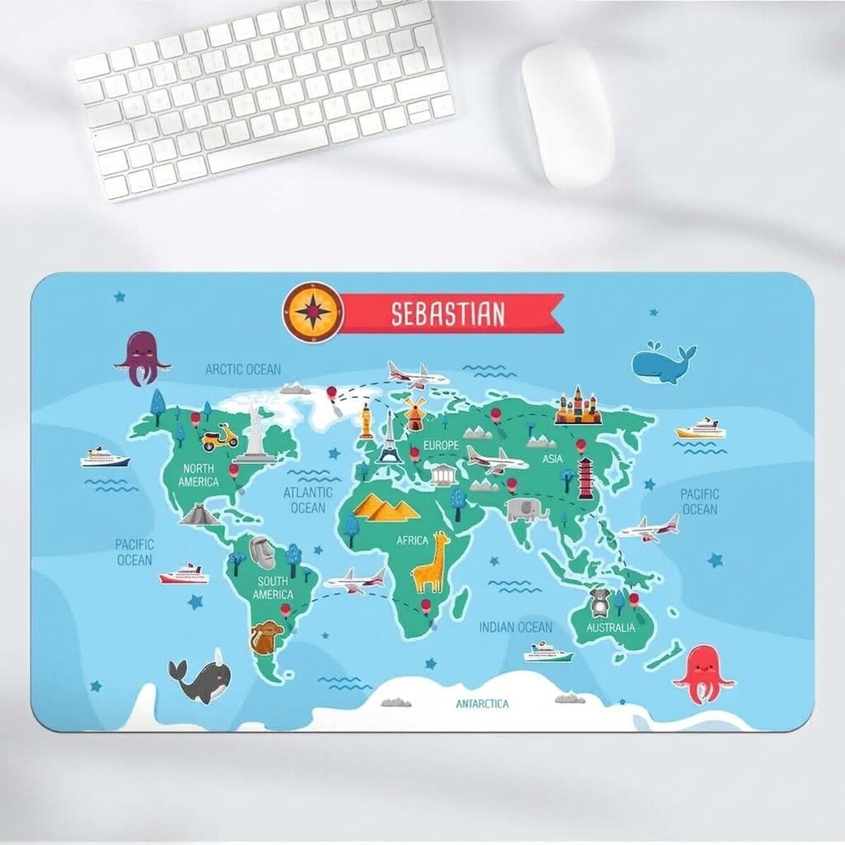 Alfombrilla de ratón XXL personalizada con nombre para niños - Mapa del mundo