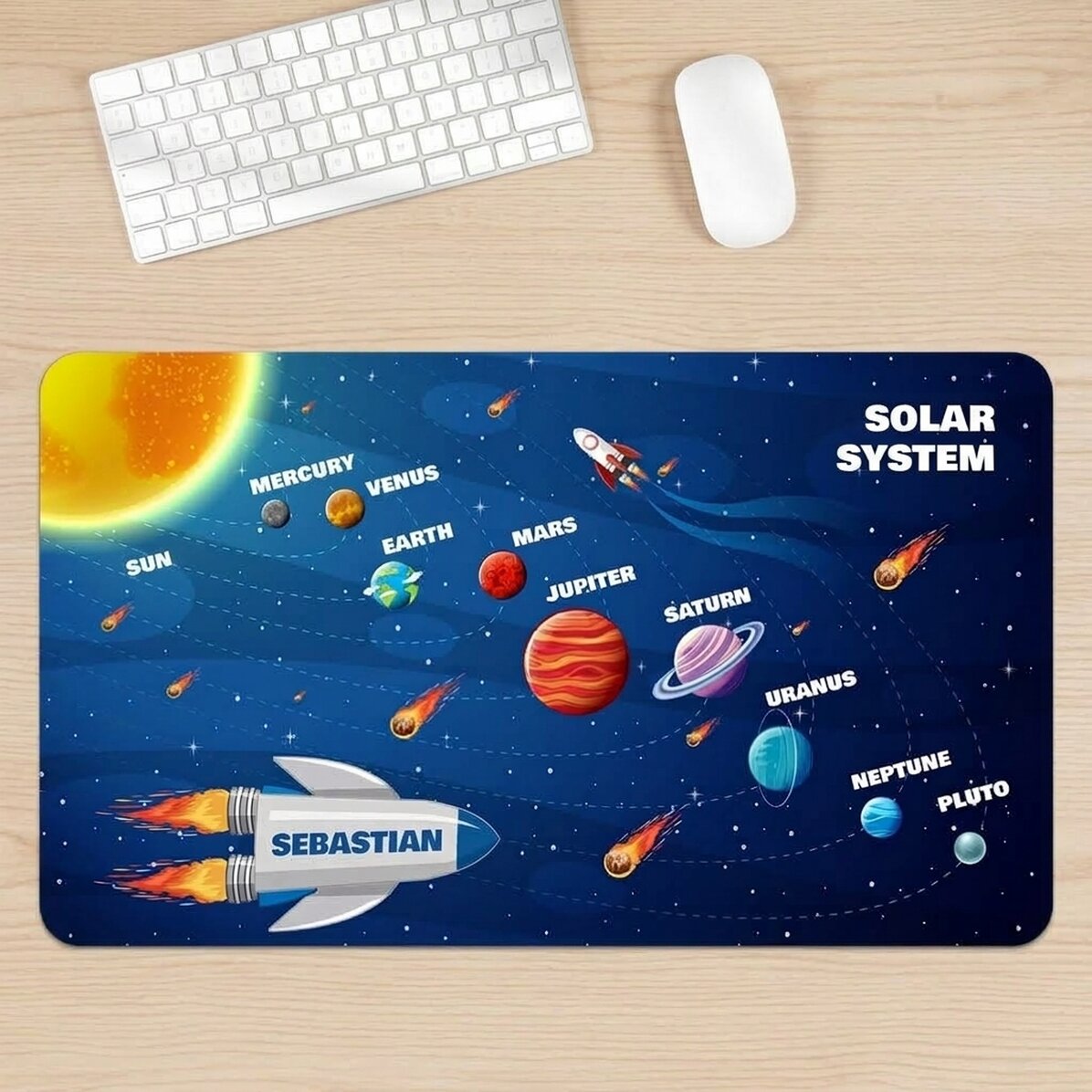 Alfombrilla de ratón XXL personalizada con el nombre de los niños - El sistema solar
