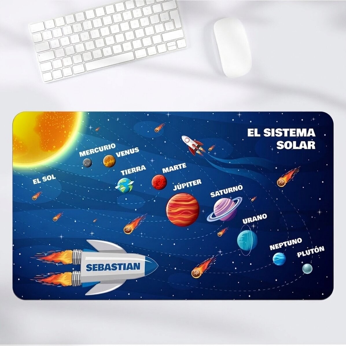 Alfombrilla de ratón XXL personalizada con el nombre de los niños - El sistema solar