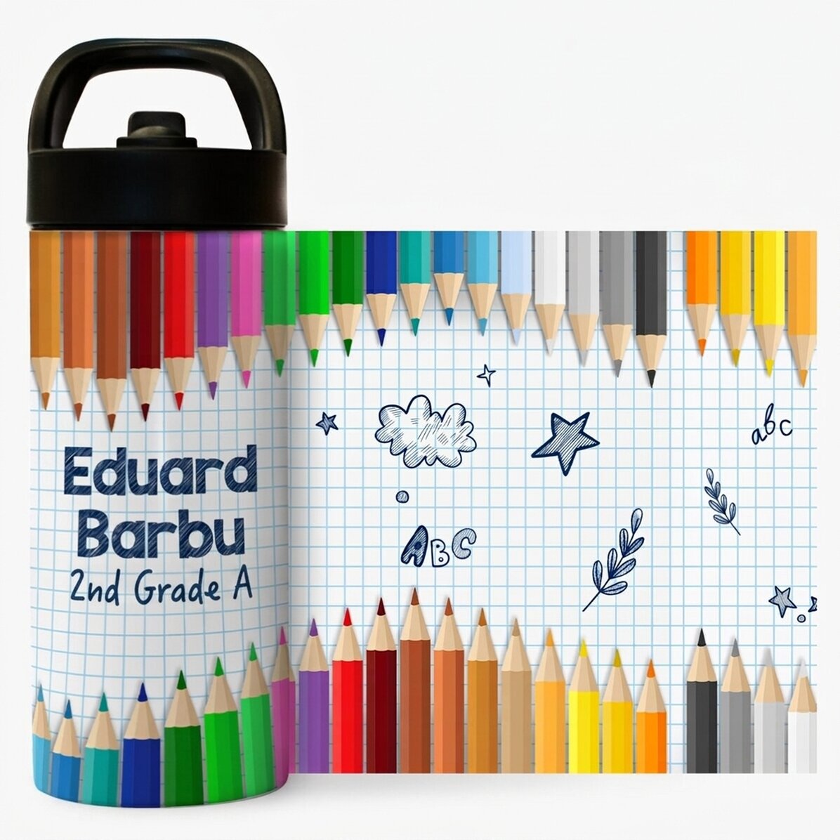 Térmico con asa y pajita personalizado con nombre - Lápices de colores
