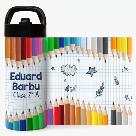 Termo con asa y pajita personalizado con nombre - Lápices de colores