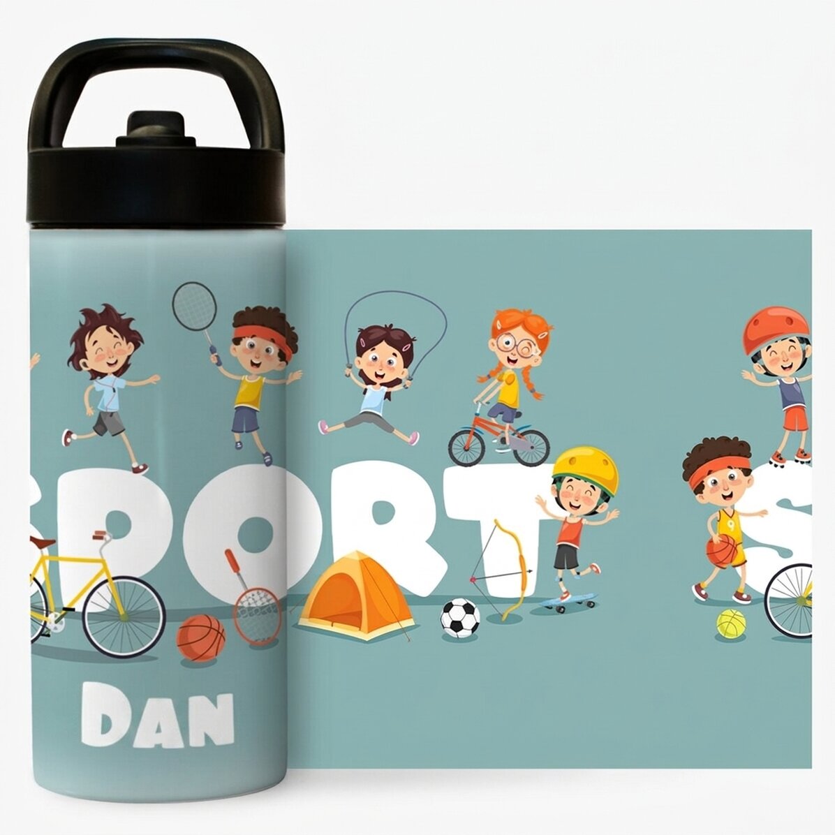 Término con asa y pajita personalizado con el nombre para niños - Deporte