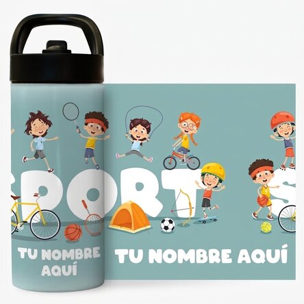 Término con asa y pajita personalizado con el nombre para niños - Deporte