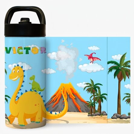 Término con asa y pajita personalizado con el nombre para niños - Dino