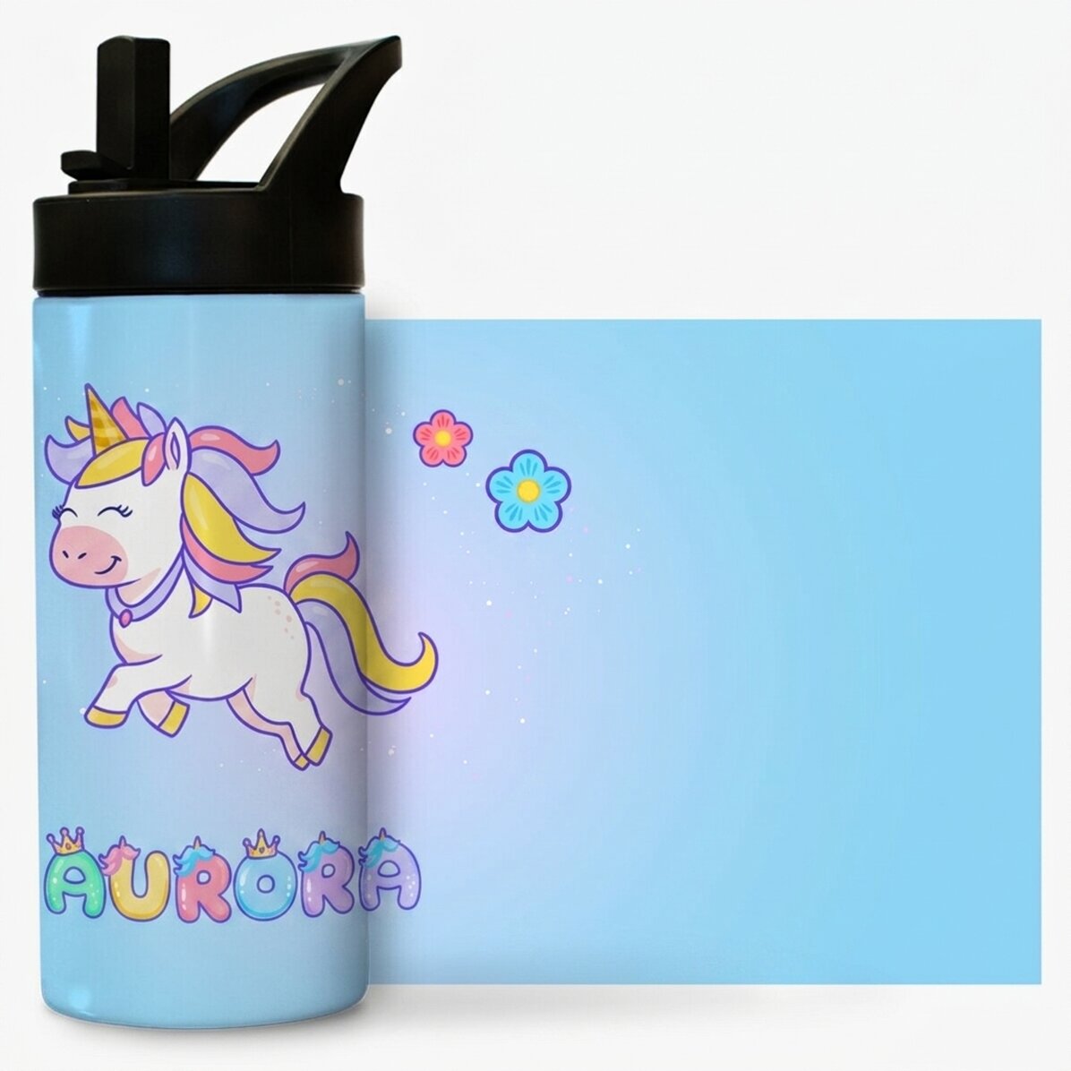 Término con asa y pajita personalizado con nombre - Unicornio