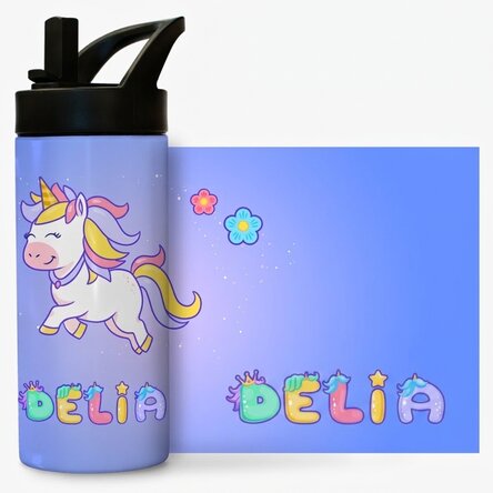 Término con asa y pajita personalizado con nombre - Unicornio