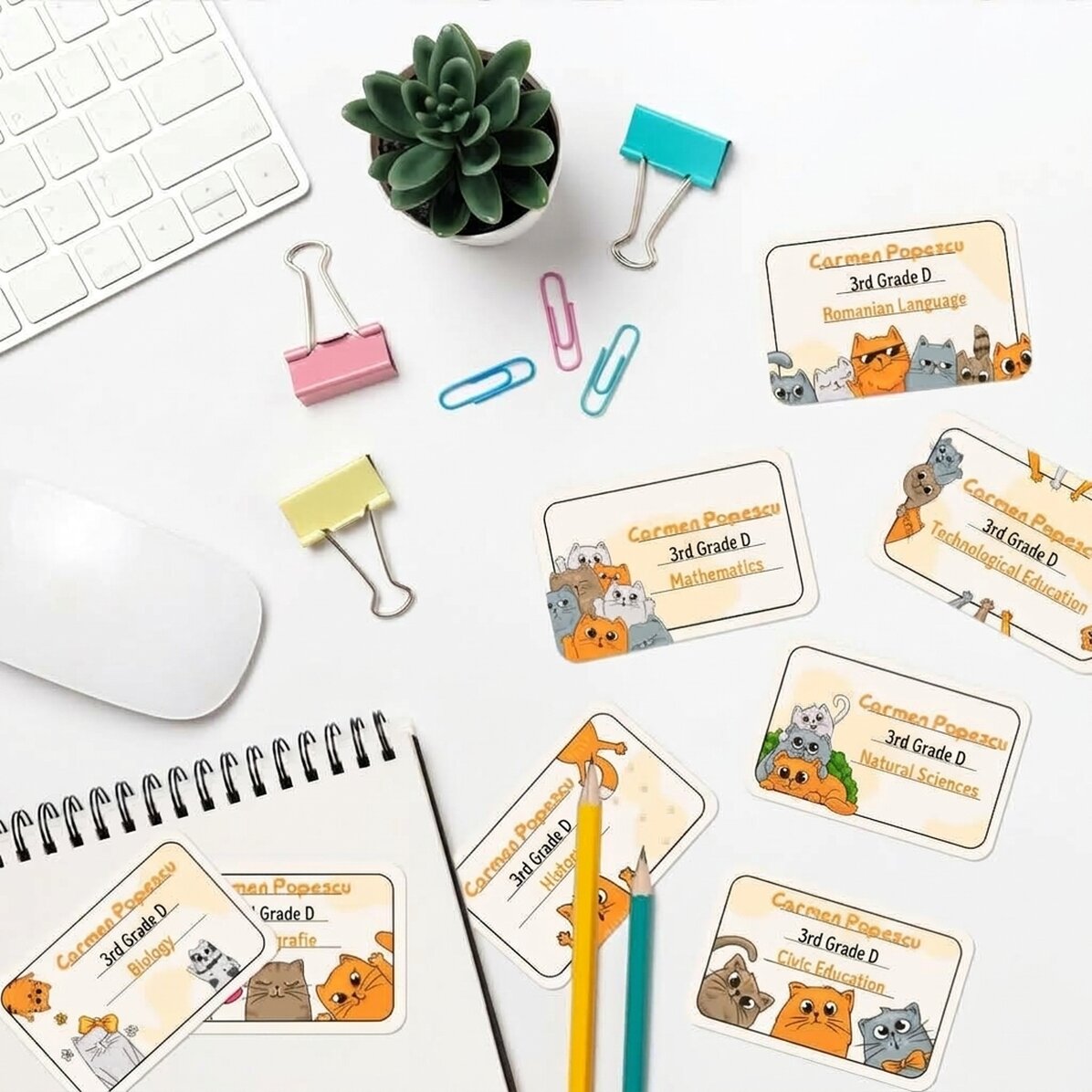 Lote de 8 pegatinas (etiquetas autoadhesivas) personalizadas para el colegio con texto: «Kittens»